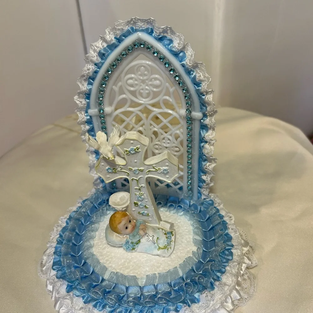 Charming Blue and White Baby Christening Cake Topper